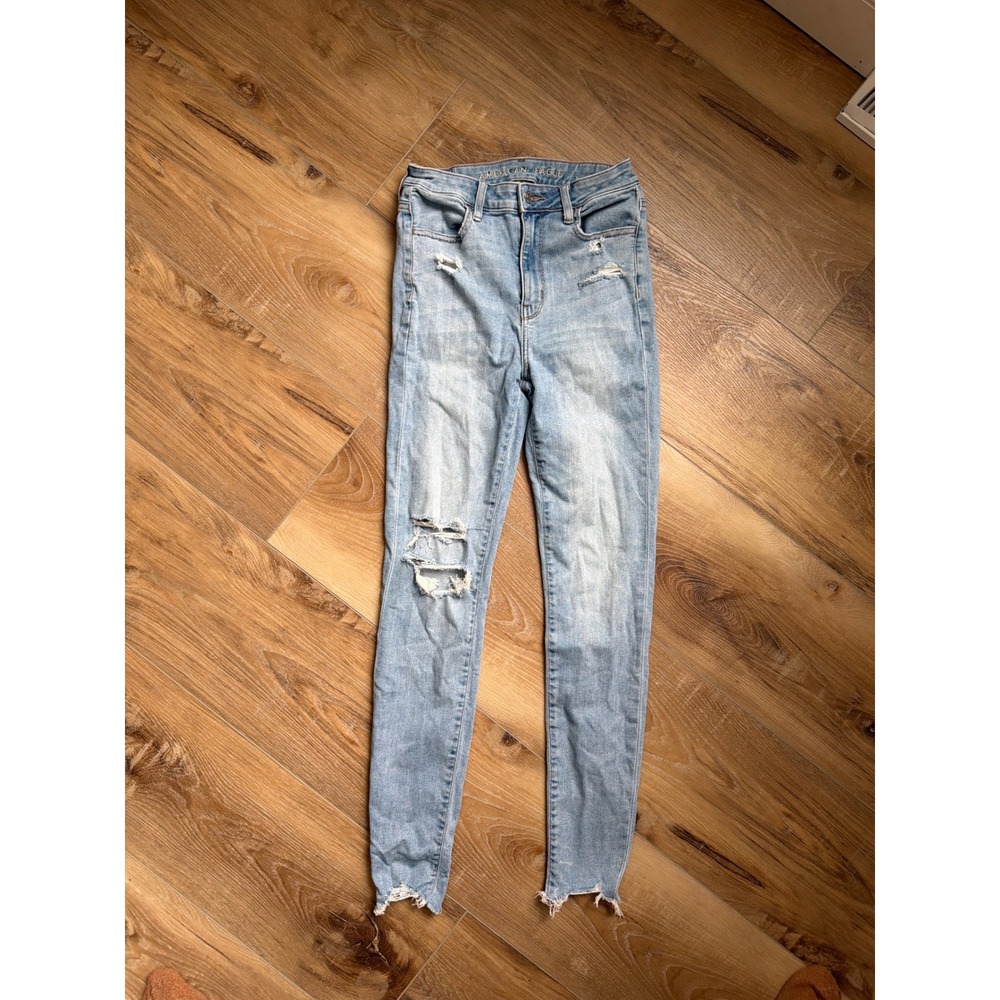 American Eagle Highest‎ Rise Jegging 4 Long Distressed Ripped Light Wash